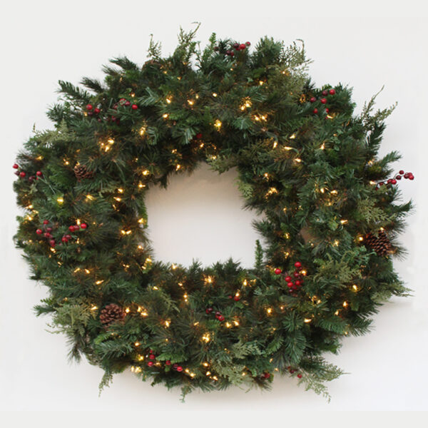 48-inch Deluxe Decorated Artificial Christmas Wreath Pre-lit with 200 Clear Sure Lit Incandescent Lights