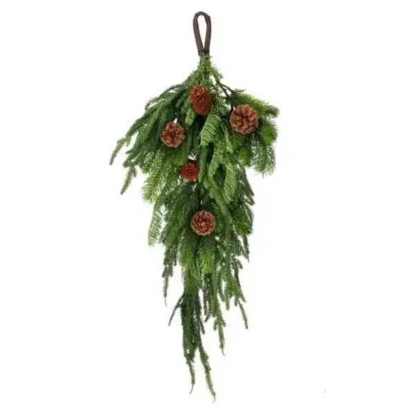 Luxe Real Touch Norfolk Pine, Spruce and Juniper Teardrop 27" Features pinecones and wire hanger