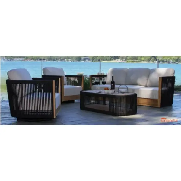 Teak Hardwood Patio Furniture Collection with Natural Nylon Rope ends and Beige Sunbrella Cushions