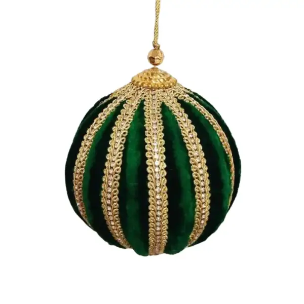 Emerald Green Velvet Ornament with Gold Jewel Ribbon Detail 4"