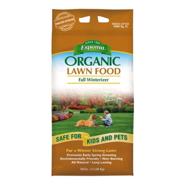 Espoma Organic Fall Winterizer Lawn Food Bag covers 5,000 square feet