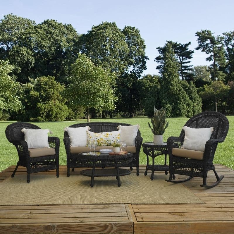 Leland All-weather Wicker Patio Furniture Lounge Collection with Ebony Frame and Spectrum Mushroom Sunbrella Fabric
