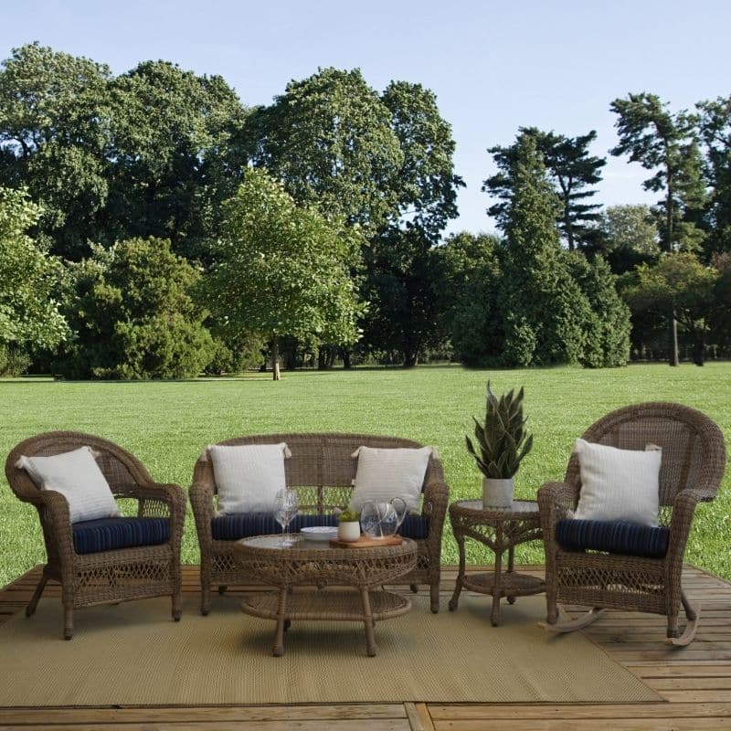 Leland All-weather Wicker Patio Furniture Lounge Collection with Fieldstone Frame and Refine Indigo Sunbrella Fabric